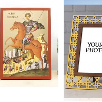 Εικόνα Ορθοδοξίας Πολυτελείας  με  σχεδιο Σταυρούς μαζι με  Βάση σε  8 χρώματα με περίγραμμα χρυσό σε ξύλο Plywood (Πλακάζ)   με  βάση Άγιος Δημήτριος Θεσσαλονίκης, Ξύλινη Χειροποίητη Εικόνα με Ψηφιακή Εκτύπωση Ελληνικό Premium Βυζαντινού Στυλ Κρεμαστό τοίχου Θρησκευτικό Θέμα Χειροποίητη Ελληνορθόδοξη εικόνα του Ιησού Χριστού, Κρεμαστή πλάκα βυζαντινής τέχνης, χριστιανική τέχνη Διάσταση 15x11 cm (5,9 x 4,3 ίντσες)  INTRAEK3kadro3211-611147 - Image 1