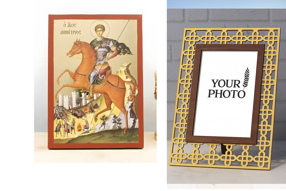 Εικόνα Ορθοδοξίας Πολυτελείας  με  σχεδιο Σταυρούς μαζι με  Βάση σε  8 χρώματα με περίγραμμα χρυσό σε ξύλο Plywood (Πλακάζ)   με  βάση Άγιος Δημήτριος Θεσσαλονίκης, Ξύλινη Χειροποίητη Εικόνα με Ψηφιακή Εκτύπωση Ελληνικό Premium Βυζαντινού Στυλ Κρεμαστό τοίχου Θρησκευτικό Θέμα Χειροποίητη Ελληνορθόδοξη εικόνα του Ιησού Χριστού, Κρεμαστή πλάκα βυζαντινής τέχνης, χριστιανική τέχνη Διάσταση 15x11 cm (5,9 x 4,3 ίντσες)  INTRAEK3kadro3211-611147