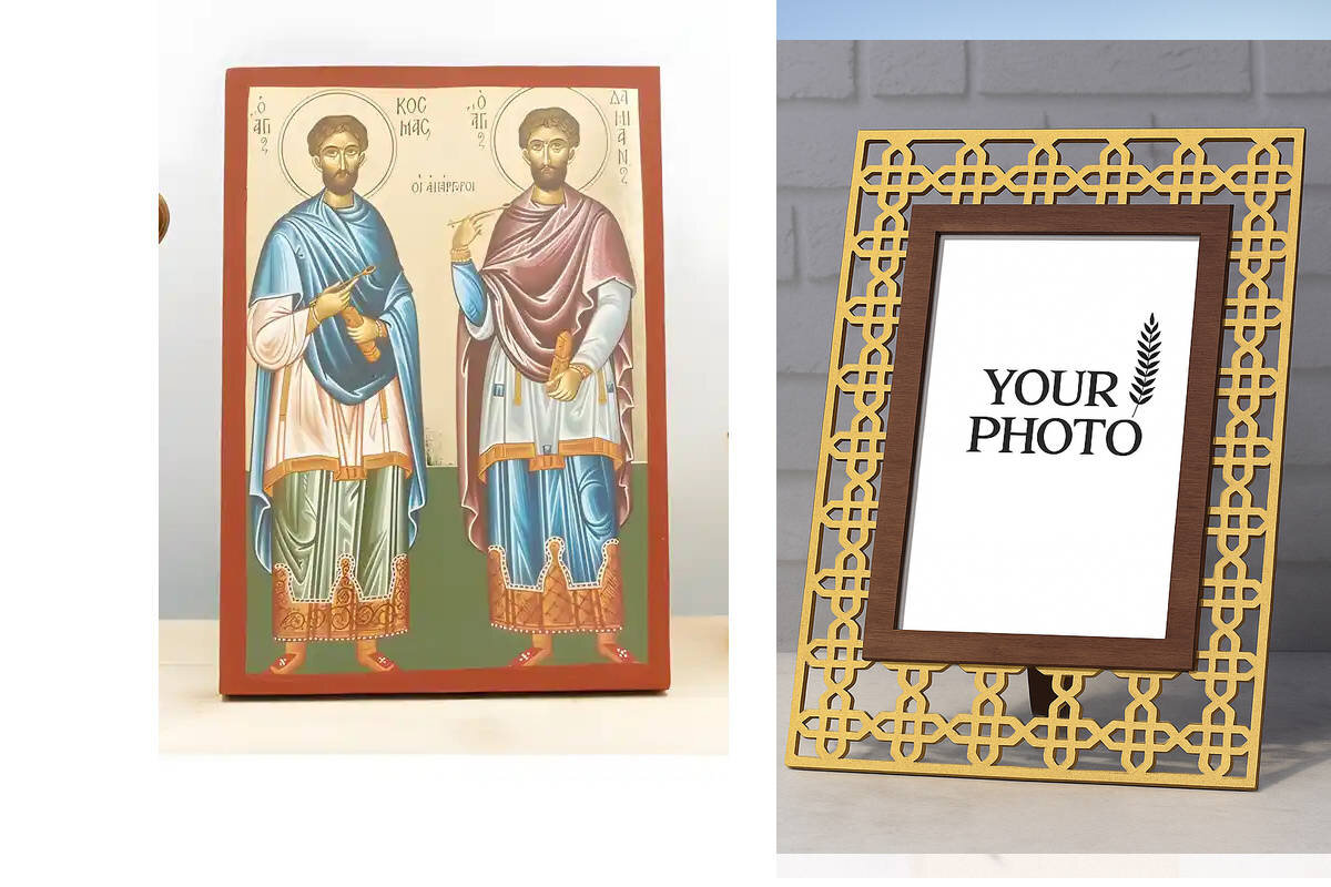 Εικόνα Ορθοδοξίας Πολυτελείας  με  σχεδιο Σταυρούς μαζι με  Βάση σε  8 χρώματα με περίγραμμα χρυσό σε ξύλο Plywood (Πλακάζ)   με  βάση Άγιοι Άγιοι Ανεργοφόροι Κοσμάς και Δαμιανός, Ξύλινη Χειροποίητη Εικόνα με Φύλλο Χρυσού Ελληνικού Premium Βυζαντινού Στυλ Κρεμαστό τοίχου Θρησκευτικό Θέμα Χειροποίητη Ελληνορθόδοξη εικόνα του Ιησού Χριστού, Κρεμαστή πλάκα βυζαντινής τέχνης, χριστιανική τέχνη Διάσταση 15x11 cm (5,9 x 4,3 ίντσες)  INTRAEK3kadro3211-611146