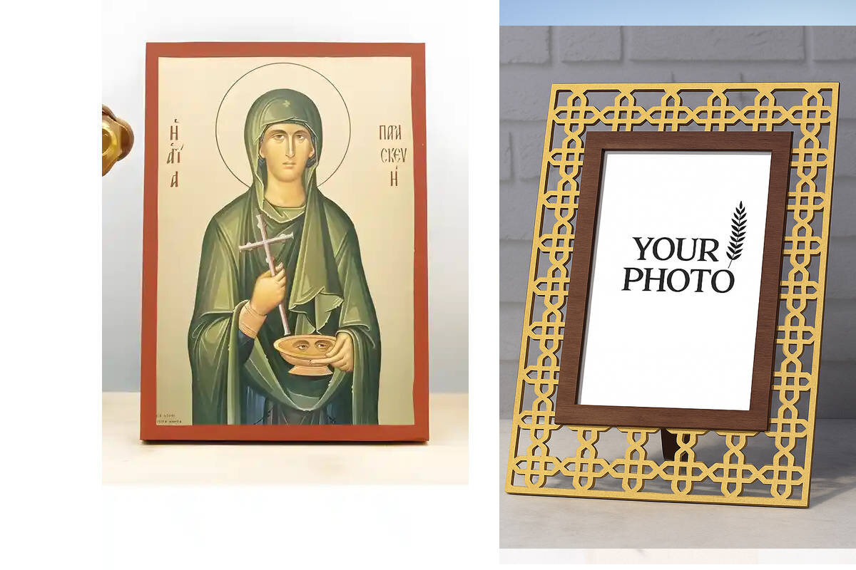 Εικόνα Ορθοδοξίας Πολυτελείας  με  σχεδιο Σταυρούς μαζι με  Βάση σε  8 χρώματα με περίγραμμα χρυσό σε ξύλο Plywood (Πλακάζ)   με  βάση Αγία Παρασκευή Ρώμης, Ξύλινη Χειροποίητη Εικόνα με χρυσό φύλλο Ελληνικό Premium Βυζαντινού Στυλ Κρεμαστό τοίχου Θρησκευτικό Θέμα Χειροποίητη Ελληνορθόδοξη εικόνα του Ιησού Χριστού, Κρεμαστή πλάκα βυζαντινής τέχνης, χριστιανική τέχνη Διάσταση 15x11 cm (5,9 x 4,3 ίντσες)  INTRAEK3kadro3211-611145