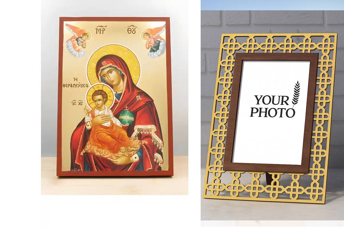 Εικόνα Ορθοδοξίας Πολυτελείας  με  σχεδιο Σταυρούς μαζι με  Βάση σε  8 χρώματα με περίγραμμα χρυσό σε ξύλο Plywood (Πλακάζ)   με  βάση Παναγία η Θεραπεύτρια «Θεραπούσα» με τον Ιησού, Ξύλινη Χειροποίητη Εικόνα με Ψηφιακή Εκτύπωση Ελληνικό Βυζαντινού ύφους Premium Κρεμασμένο σε Ξυλόπλακα Χειροποίητη Ελληνορθόδοξη εικόνα του Ιησού Χριστού, Κρεμαστή πλάκα βυζαντινής τέχνης, χριστιανική τέχνη Διάσταση 15x11 cm (5,9 x 4,3 ίντσες)  INTRAEK3kadro3211-611144