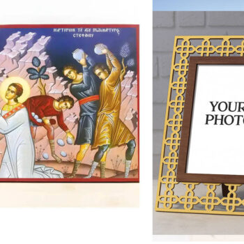 Εικόνα Ορθοδοξίας Πολυτελείας  με  σχεδιο Σταυρούς μαζι με  Βάση σε  8 χρώματα με περίγραμμα χρυσό σε ξύλο Plywood (Πλακάζ)   με  βάση Μαρτύριο του Αγίου Στεφάνου, Ξύλινη Χειροποίητη Εικόνα Ελληνικής Premium Βυζαντινού Στυλ Κρεμαστή σε Ξυλόπλακα Θρησκευτικό Θέμα Χειροποίητη Ελληνορθόδοξη εικόνα του Ιησού Χριστού, Κρεμαστή πλάκα βυζαντινής τέχνης, χριστιανική τέχνη Διάσταση 10x7 cm (3,9 x 2,8 ίντσες)  INTRAEK3kadro3211-11141 - Image 1