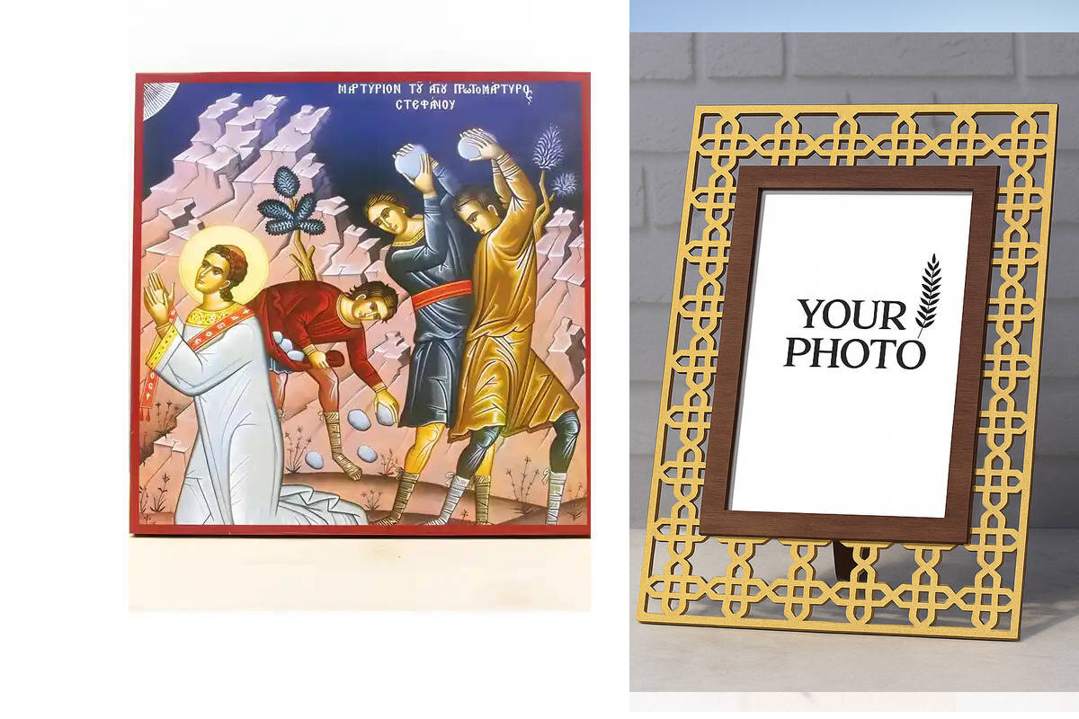 Εικόνα Ορθοδοξίας Πολυτελείας  με  σχεδιο Σταυρούς μαζι με  Βάση σε  8 χρώματα με περίγραμμα χρυσό σε ξύλο Plywood (Πλακάζ)   με  βάση Μαρτύριο του Αγίου Στεφάνου, Ξύλινη Χειροποίητη Εικόνα Ελληνικής Premium Βυζαντινού Στυλ Κρεμαστή σε Ξυλόπλακα Θρησκευτικό Θέμα Χειροποίητη Ελληνορθόδοξη εικόνα του Ιησού Χριστού, Κρεμαστή πλάκα βυζαντινής τέχνης, χριστιανική τέχνη Διάσταση 15x11 cm (5,9 x 4,3 ίντσες)  INTRAEK3kadro3211-611141