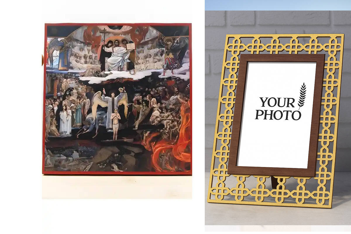 Εικόνα Ορθοδοξίας Πολυτελείας  με  σχεδιο Σταυρούς μαζι με  Βάση σε  8 χρώματα με περίγραμμα χρυσό σε ξύλο Plywood (Πλακάζ)   με  βάση The Last Judgment Square, Ξύλινη Χειροποίητη Εικόνα Ελληνικού Premium Βυζαντινού Στυλ Κρεμασμένο σε Ξυλόπλακα Θρησκευτικό θέμα Χειροποίητη Ελληνορθόδοξη εικόνα του Ιησού Χριστού, Κρεμαστή πλάκα βυζαντινής τέχνης, χριστιανική τέχνη Διάσταση 10x7 cm (3,9 x 2,8 ίντσες)  INTRAEK3kadro3211-11140