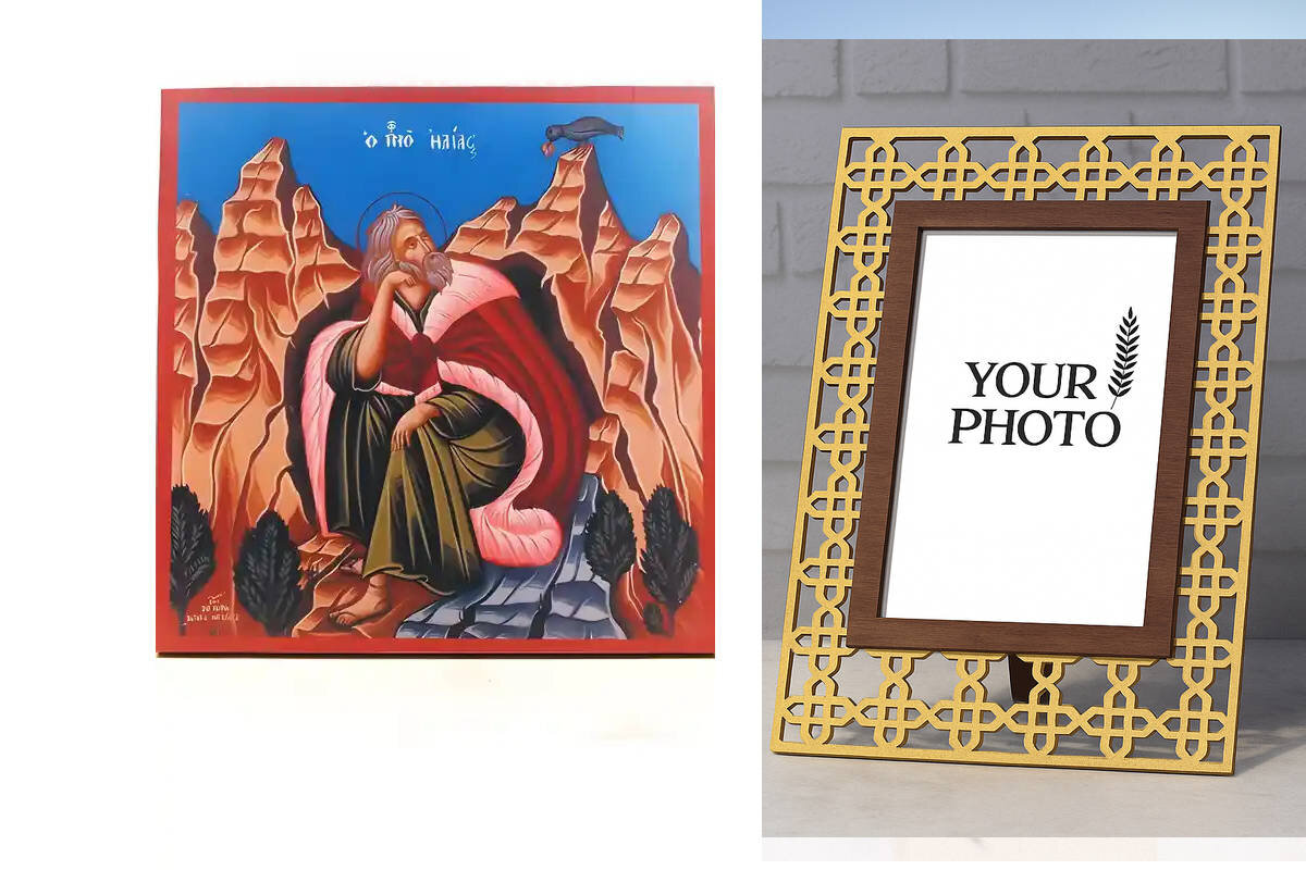 Εικόνα Ορθοδοξίας Πολυτελείας  με  σχεδιο Σταυρούς μαζι με  Βάση σε  8 χρώματα με περίγραμμα χρυσό σε ξύλο Plywood (Πλακάζ)   με  βάση Άγιος Προφήτης Ηλίας ή Ηλίας Ηλίας στο όρος Χωρήβ, Ξύλινη Χειροποίητη Εικόνα Ελληνικού Βυζαντινού Στυλ τοίχου Αναρτημένη σε Ξυλόπλακα Θρησκευτικό Χειροποίητη Ελληνορθόδοξη εικόνα του Ιησού Χριστού, Κρεμαστή πλάκα βυζαντινής τέχνης, χριστιανική τέχνη Διάσταση 10x7 cm (3,9 x 2,8 ίντσες)  INTRAEK3kadro3211-11139