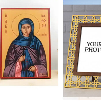 Εικόνα Ορθοδοξίας Πολυτελείας  με  σχεδιο Σταυρούς μαζι με  Βάση σε  8 χρώματα με περίγραμμα χρυσό σε ξύλο Plywood (Πλακάζ)   με  βάση Αγία Μεθοδία Κιμώλου, Ξύλινη Χειροποίητη Εικόνα Ελληνικού Βυζαντινού Στυλ Κρεμαστή σε ξύλινη πλάκα Χειροποίητη Ελληνορθόδοξη εικόνα του Ιησού Χριστού, Κρεμαστή πλάκα βυζαντινής τέχνης, χριστιανική τέχνη Διάσταση 10x7 cm (3,9 x 2,8 ίντσες)  INTRAEK3kadro3211-11138 - Image 1