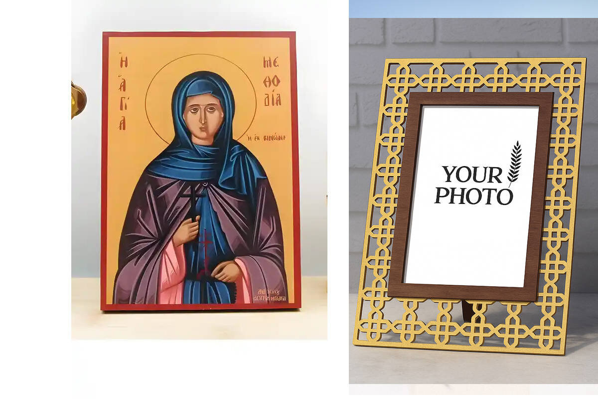 Εικόνα Ορθοδοξίας Πολυτελείας  με  σχεδιο Σταυρούς μαζι με  Βάση σε  8 χρώματα με περίγραμμα χρυσό σε ξύλο Plywood (Πλακάζ)   με  βάση Αγία Μεθοδία Κιμώλου, Ξύλινη Χειροποίητη Εικόνα Ελληνικού Βυζαντινού Στυλ Κρεμαστή σε ξύλινη πλάκα Χειροποίητη Ελληνορθόδοξη εικόνα του Ιησού Χριστού, Κρεμαστή πλάκα βυζαντινής τέχνης, χριστιανική τέχνη Διάσταση 10x7 cm (3,9 x 2,8 ίντσες)  INTRAEK3kadro3211-11138