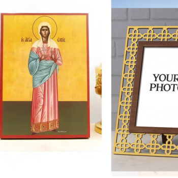 Εικόνα Ορθοδοξίας Πολυτελείας  με  σχεδιο Σταυρούς μαζι με  Βάση σε  8 χρώματα με περίγραμμα χρυσό σε ξύλο Plywood (Πλακάζ)   με  βάση Αγία Ελπίς Ελπίδα, Ξύλινη Χειροποίητη Εικόνα Ελληνικού Βυζαντινού Στυλ Κρεμαστή σε Ξύλινη Πλάκα Χειροποίητη Ελληνορθόδοξη εικόνα του Ιησού Χριστού, Κρεμαστή πλάκα βυζαντινής τέχνης, χριστιανική τέχνη Διάσταση 15x11 cm (5,9 x 4,3 ίντσες)  INTRAEK3kadro3211-611131 - Image 1