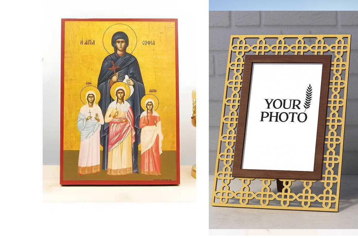 Εικόνα Ορθοδοξίας Πολυτελείας  με  σχεδιο Σταυρούς μαζι με  Βάση σε  8 χρώματα με περίγραμμα χρυσό σε ξύλο Plywood (Πλακάζ)   με  βάση Η Αγία Σοφία της Ρώμης με τις τρεις Κόρες, Ξύλινη Χειροποίητη Εικόνα Ελληνικού Βυζαντινού Στυλ Κρεμασμένη σε ξύλινη πλάκα Θρησκευτικό Θέμα Χειροποίητη Ελληνορθόδοξη εικόνα του Ιησού Χριστού, Κρεμαστή πλάκα βυζαντινής τέχνης, χριστιανική τέχνη Διάσταση 10x7 cm (3,9 x 2,8 ίντσες)  INTRAEK3kadro3211-11129