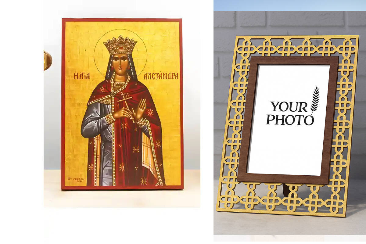 Εικόνα Ορθοδοξίας Πολυτελείας  με  σχεδιο Σταυρούς μαζι με  Βάση σε  8 χρώματα με περίγραμμα χρυσό σε ξύλο Plywood (Πλακάζ)   με  βάση Αγία Αλεξάνδρα της Ρώμης, Ξύλινη Χειροποίητη Εικόνα Ελληνικού Premium Βυζαντινού Στυλ Κρεμασμένο σε ξύλινη πλάκα Χειροποίητη Ελληνορθόδοξη εικόνα του Ιησού Χριστού, Κρεμαστή πλάκα βυζαντινής τέχνης, χριστιανική τέχνη Διάσταση 15x11 cm (5,9 x 4,3 ίντσες)  INTRAEK3kadro3211-611128