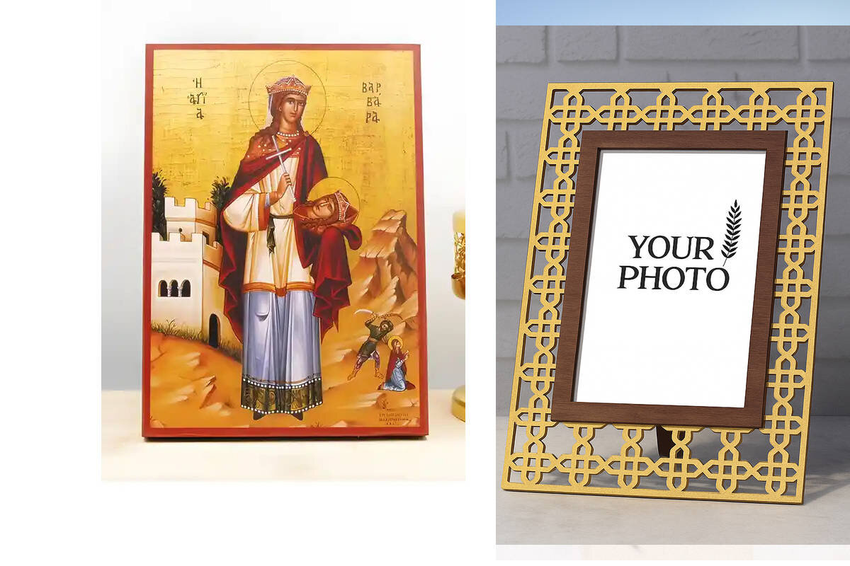 Εικόνα Ορθοδοξίας Πολυτελείας  με  σχεδιο Σταυρούς μαζι με  Βάση σε  8 χρώματα με περίγραμμα χρυσό σε ξύλο Plywood (Πλακάζ)   με  βάση Αγία Βαρβάρα η Μεγαλομάρτυς Ολόσωμος, Ξύλινη Χειροποίητη Εικόνα Ελληνικού Βυζαντινού Στυλ Κρεμαστή σε ξύλινη πλάκα Θρησκευτικό θέμα Χειροποίητη Ελληνορθόδοξη εικόνα του Ιησού Χριστού, Κρεμαστή πλάκα βυζαντινής τέχνης, χριστιανική τέχνη Διάσταση 10x7 cm (3,9 x 2,8 ίντσες)  INTRAEK3kadro3211-11127