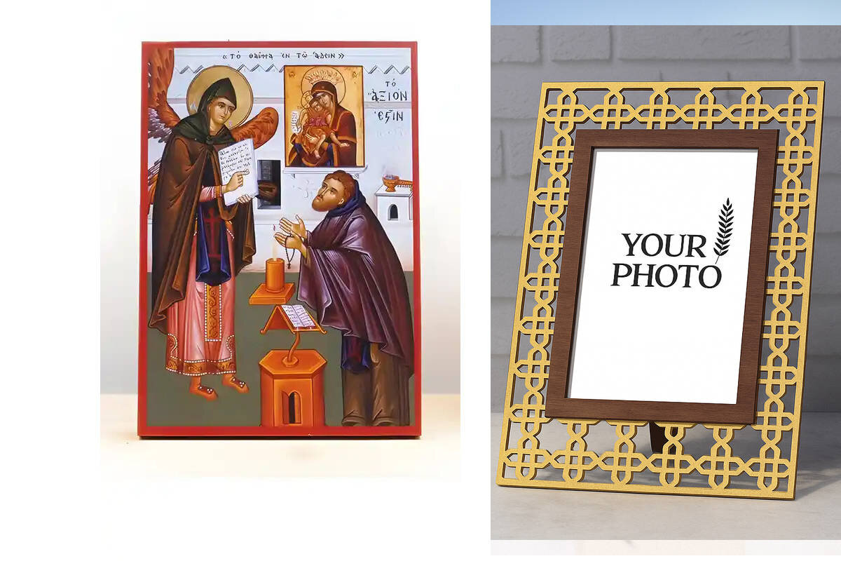 Εικόνα Ορθοδοξίας Πολυτελείας  με  σχεδιο Σταυρούς μαζι με  Βάση σε  8 χρώματα με περίγραμμα χρυσό σε ξύλο Plywood (Πλακάζ)   με  βάση The Miracle of Axion Esti, Ξύλινη Χειροποίητη Εικόνα Ελληνικού Premium Βυζαντινού Στυλ Κρεμαστή σε ξύλινη πλάκα Θρησκευτικό θέμα Χειροποίητη Ελληνορθόδοξη εικόνα του Ιησού Χριστού, Κρεμαστή πλάκα βυζαντινής τέχνης, χριστιανική τέχνη Διάσταση 10x7 cm (3,9 x 2,8 ίντσες)  INTRAEK3kadro3211-11126