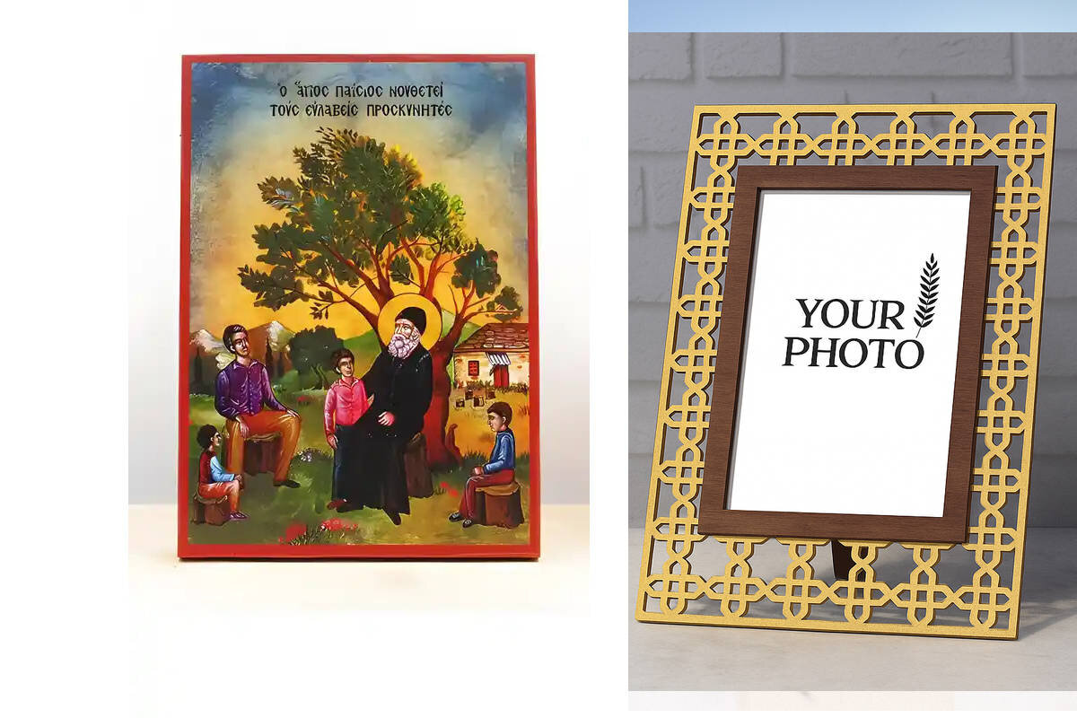 Εικόνα Ορθοδοξίας Πολυτελείας  με  σχεδιο Σταυρούς μαζι με  Βάση σε  8 χρώματα με περίγραμμα χρυσό σε ξύλο Plywood (Πλακάζ)   με  βάση Ο Άγιος Παΐσιος νουθετεί τους προσκυνητές, Ξύλινη Χειροποίητη Εικόνα Ελληνικής Premium Βυζαντινού Στυλ τοίχου Κρεμασμένη σε ξύλινη πλάκα Θρησκευτικό θέμα Χειροποίητη Ελληνορθόδοξη εικόνα του Ιησού Χριστού, Κρεμαστή πλάκα βυζαντινής τέχνης, χριστιανική τέχνη Διάσταση 15x11 cm (5,9 x 4,3 ίντσες)  INTRAEK3kadro3211-611125