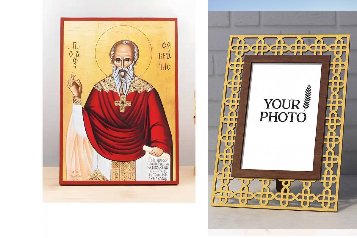 Εικόνα Ορθοδοξίας Πολυτελείας  με  σχεδιο Σταυρούς μαζι με  Βάση σε  8 χρώματα με περίγραμμα χρυσό σε ξύλο Plywood (Πλακάζ)   με  βάση Άγιος Σωκράτης, Ξύλινη Χειροποίητη Εικόνα Ελληνικού Βυζαντινού Στυλ Κρεμαστή σε ξύλινη πλάκα Χειροποίητη Ελληνορθόδοξη εικόνα του Ιησού Χριστού, Κρεμαστή πλάκα βυζαντινής τέχνης, χριστιανική τέχνη Διάσταση 10x7 cm (3,9 x 2,8 ίντσες)  INTRAEK3kadro3211-11123