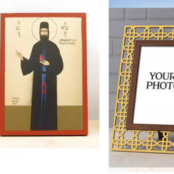 Εικόνα Ορθοδοξίας Πολυτελείας  με  σχεδιο Σταυρούς μαζι με  Βάση σε  8 χρώματα με περίγραμμα χρυσό σε ξύλο Plywood (Πλακάζ)   με  βάση Άγιος Εφραίμ Νέας Μάκρης ο Νεομάρτυς, Ξύλινη Χειροποίητη Εικόνα με Ψηφιακή Εκτύπωση Ελληνικό Premium Βυζαντινού Στυλ Κρεμαστό τοίχου Θρησκευτικό Θέμα Χειροποίητη Ελληνορθόδοξη εικόνα του Ιησού Χριστού, Κρεμαστή πλάκα βυζαντινής τέχνης, χριστιανική τέχνη Διάσταση 10x7 cm (3,9 x 2,8 ίντσες)  INTRAEK3kadro3211-11121 - Image 1