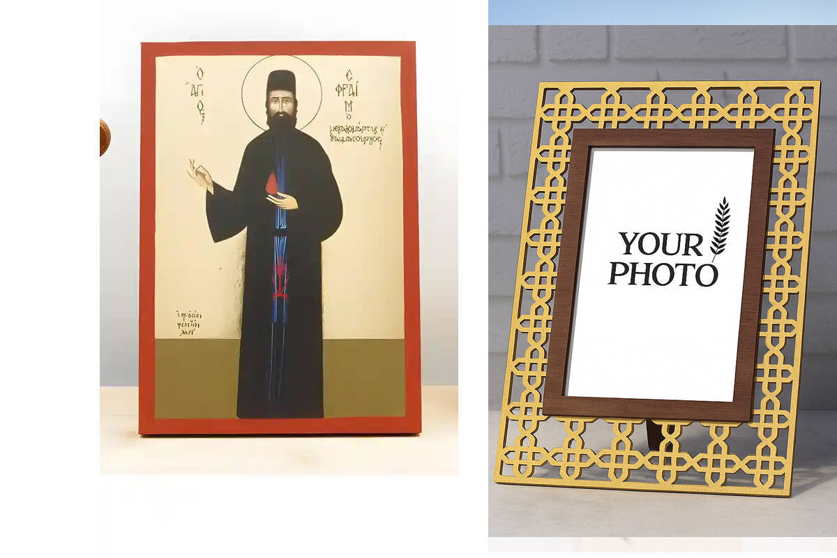 Εικόνα Ορθοδοξίας Πολυτελείας  με  σχεδιο Σταυρούς μαζι με  Βάση σε  8 χρώματα με περίγραμμα χρυσό σε ξύλο Plywood (Πλακάζ)   με  βάση Άγιος Εφραίμ Νέας Μάκρης ο Νεομάρτυς, Ξύλινη Χειροποίητη Εικόνα με Ψηφιακή Εκτύπωση Ελληνικό Premium Βυζαντινού Στυλ Κρεμαστό τοίχου Θρησκευτικό Θέμα Χειροποίητη Ελληνορθόδοξη εικόνα του Ιησού Χριστού, Κρεμαστή πλάκα βυζαντινής τέχνης, χριστιανική τέχνη Διάσταση 10x7 cm (3,9 x 2,8 ίντσες)  INTRAEK3kadro3211-11121