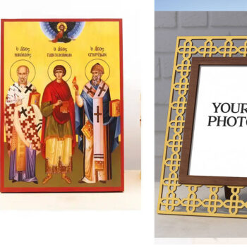 Εικόνα Ορθοδοξίας Πολυτελείας  με  σχεδιο Σταυρούς μαζι με  Βάση σε  8 χρώματα με περίγραμμα χρυσό σε ξύλο Plywood (Πλακάζ)   με  βάση Άγιοι Νικόλαος, Πανταλέων και Σπυρίδων, Ξύλινη Χειροποίητη Εικόνα Ελληνικού Βυζαντινού Στυλ Κρεμαστή σε Ξύλινη Πλάκα Θρησκευτικό Θέμα Χειροποίητη Ελληνορθόδοξη εικόνα του Ιησού Χριστού, Κρεμαστή πλάκα βυζαντινής τέχνης, χριστιανική τέχνη Διάσταση 15x11 cm (5,9 x 4,3 ίντσες)  INTRAEK3kadro3211-611120 - Image 1