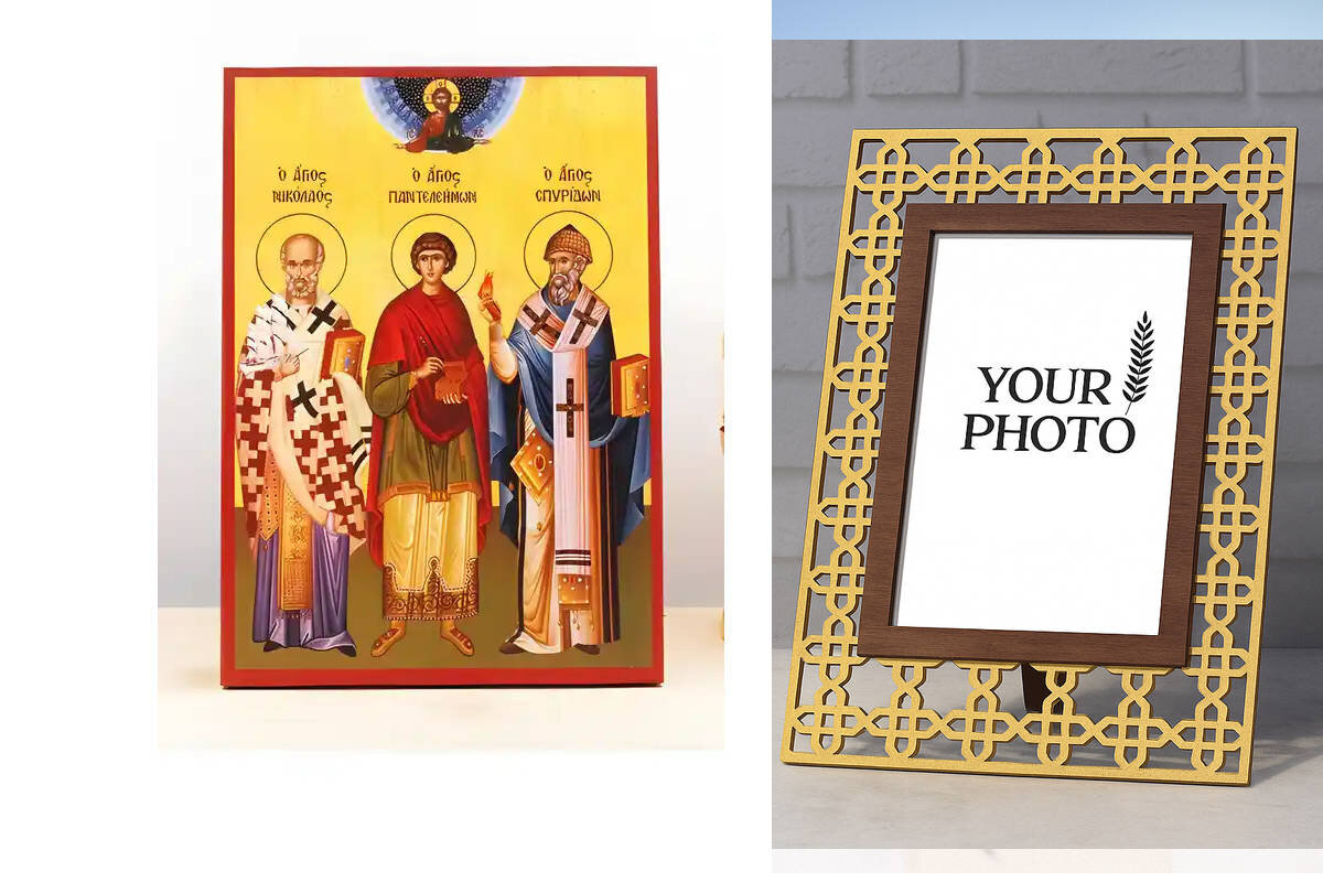 Εικόνα Ορθοδοξίας Πολυτελείας  με  σχεδιο Σταυρούς μαζι με  Βάση σε  8 χρώματα με περίγραμμα χρυσό σε ξύλο Plywood (Πλακάζ)   με  βάση Άγιοι Νικόλαος, Πανταλέων και Σπυρίδων, Ξύλινη Χειροποίητη Εικόνα Ελληνικού Βυζαντινού Στυλ Κρεμαστή σε Ξύλινη Πλάκα Θρησκευτικό Θέμα Χειροποίητη Ελληνορθόδοξη εικόνα του Ιησού Χριστού, Κρεμαστή πλάκα βυζαντινής τέχνης, χριστιανική τέχνη Διάσταση 10x7 cm (3,9 x 2,8 ίντσες)  INTRAEK3kadro3211-11120