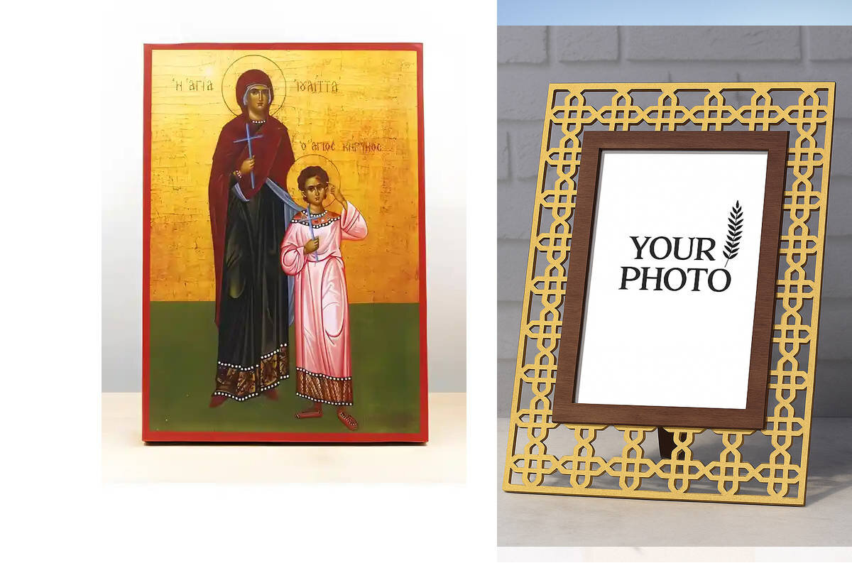 Εικόνα Ορθοδοξίας Πολυτελείας  με  σχεδιο Σταυρούς μαζι με  Βάση σε  8 χρώματα με περίγραμμα χρυσό σε ξύλο Plywood (Πλακάζ)   με  βάση Άγιοι Κύρικος και Ιουλίττα, Ξύλινη Χειροποίητη Εικόνα Ελληνικής Premium Βυζαντινού Στυλ Κρεμασμένη σε ξύλινη πλάκα Χειροποίητη Ελληνορθόδοξη εικόνα του Ιησού Χριστού, Κρεμαστή πλάκα βυζαντινής τέχνης, χριστιανική τέχνη Διάσταση 10x7 cm (3,9 x 2,8 ίντσες)  INTRAEK3kadro3211-11119