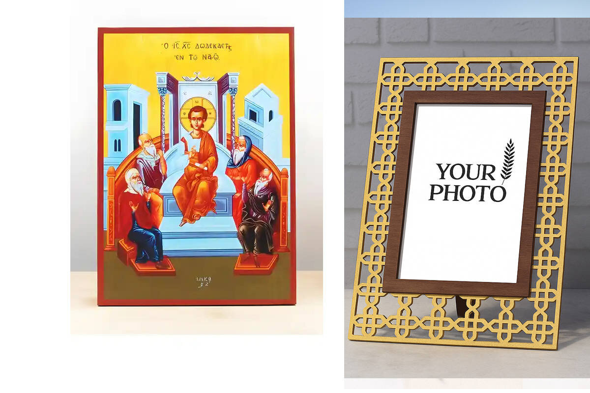 Εικόνα Ορθοδοξίας Πολυτελείας  με  σχεδιο Σταυρούς μαζι με  Βάση σε  8 χρώματα με περίγραμμα χρυσό σε ξύλο Plywood (Πλακάζ)   με  βάση The Boy Jesus Christ at the Temple, Ξύλινη Χειροποίητη Εικόνα Ελληνικού Premium Βυζαντινού Στυλ Κρεμασμένο σε ξύλινη πλάκα Χειροποίητη Ελληνορθόδοξη εικόνα του Ιησού Χριστού, Κρεμαστή πλάκα βυζαντινής τέχνης, χριστιανική τέχνη Διάσταση 10x7 cm (3,9 x 2,8 ίντσες)  INTRAEK3kadro3211-11118