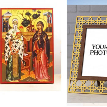 Εικόνα Ορθοδοξίας Πολυτελείας  με  σχεδιο Σταυρούς μαζι με  Βάση σε  8 χρώματα με περίγραμμα χρυσό σε ξύλο Plywood (Πλακάζ)   με  βάση Άγιοι Κύπριος και Ιουστίνα, Ξύλινη Χειροποίητη Εικόνα Ελληνικού Premium Βυζαντινού Στυλ Κρεμαστή σε ξύλινη πλάκα Θρησκευτικό θέμα Χειροποίητη Ελληνορθόδοξη εικόνα του Ιησού Χριστού, Κρεμαστή πλάκα βυζαντινής τέχνης, χριστιανική τέχνη Διάσταση 15x11 cm (5,9 x 4,3 ίντσες)  INTRAEK3kadro3211-611115 - Image 1