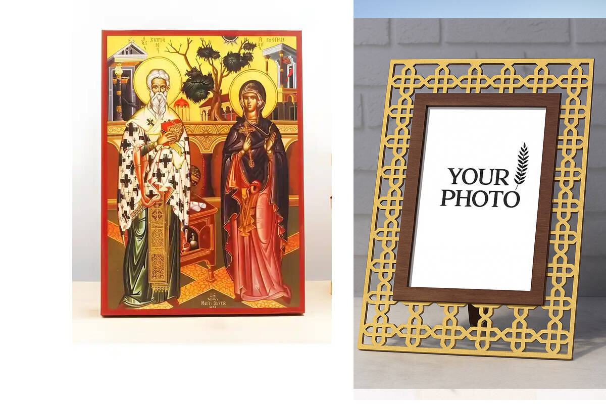 Εικόνα Ορθοδοξίας Πολυτελείας  με  σχεδιο Σταυρούς μαζι με  Βάση σε  8 χρώματα με περίγραμμα χρυσό σε ξύλο Plywood (Πλακάζ)   με  βάση Άγιοι Κύπριος και Ιουστίνα, Ξύλινη Χειροποίητη Εικόνα Ελληνικού Premium Βυζαντινού Στυλ Κρεμαστή σε ξύλινη πλάκα Θρησκευτικό θέμα Χειροποίητη Ελληνορθόδοξη εικόνα του Ιησού Χριστού, Κρεμαστή πλάκα βυζαντινής τέχνης, χριστιανική τέχνη Διάσταση 10x7 cm (3,9 x 2,8 ίντσες)  INTRAEK3kadro3211-11115