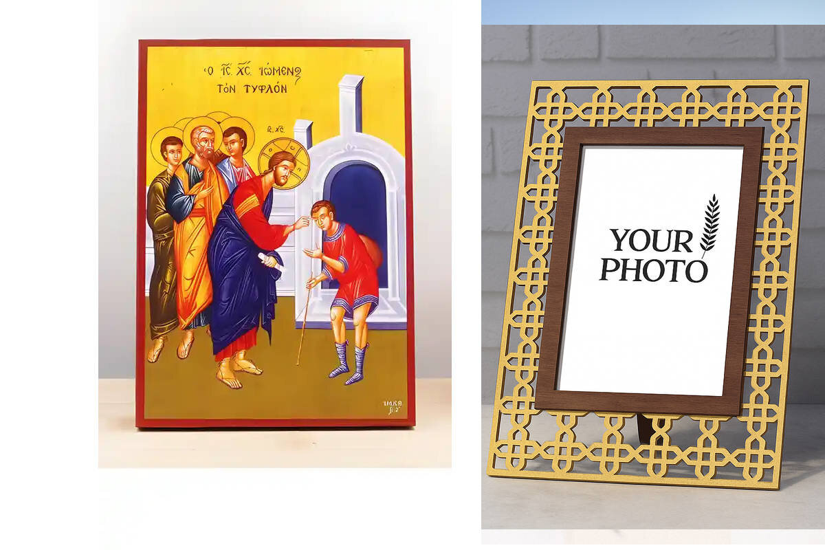 Εικόνα Ορθοδοξίας Πολυτελείας  με  σχεδιο Σταυρούς μαζι με  Βάση σε  8 χρώματα με περίγραμμα χρυσό σε ξύλο Plywood (Πλακάζ)   με  βάση Jesus Christ Healing The Born Blind Man, Ξύλινη Χειροποίητη Εικόνα Ελληνικού Premium Βυζαντινού Στυλ τοίχου που κρέμεται σε ξύλινη πλάκα Χειροποίητη Ελληνορθόδοξη εικόνα του Ιησού Χριστού, Κρεμαστή πλάκα βυζαντινής τέχνης, χριστιανική τέχνη Διάσταση 10x7 cm (3,9 x 2,8 ίντσες)  INTRAEK3kadro3211-11114