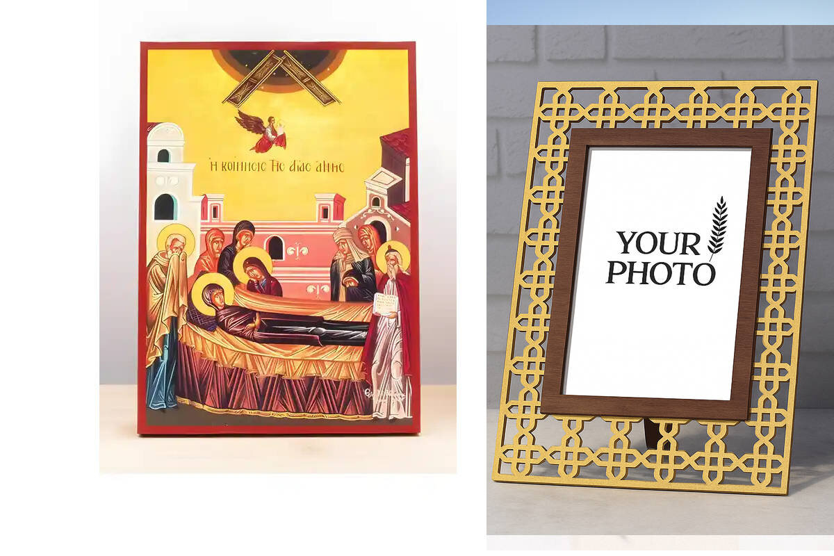 Εικόνα Ορθοδοξίας Πολυτελείας  με  σχεδιο Σταυρούς μαζι με  Βάση σε  8 χρώματα με περίγραμμα χρυσό σε ξύλο Plywood (Πλακάζ)   με  βάση Η Κοίμηση της Τιμίου Αγίας Άννας, Ξύλινη Χειροποίητη Εικόνα Ελληνικού Βυζαντινού Στυλ Κρεμαστή σε Ξύλινη Πλάκα Θρησκευτικό Θέμα Χειροποίητη Ελληνορθόδοξη εικόνα του Ιησού Χριστού, Κρεμαστή πλάκα βυζαντινής τέχνης, χριστιανική τέχνη Διάσταση 10x7 cm (3,9 x 2,8 ίντσες)  INTRAEK3kadro3211-11113