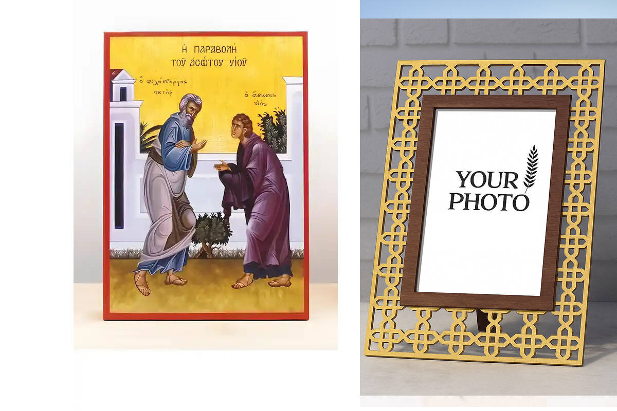 Εικόνα Ορθοδοξίας Πολυτελείας  με  σχεδιο Σταυρούς μαζι με  Βάση σε  8 χρώματα με περίγραμμα χρυσό σε ξύλο Plywood (Πλακάζ)   με  βάση Παραβολή του Ασώτου, Ξύλινη Χειροποίητη Εικόνα Ελληνικού Βυζαντινού Στυλ Κρεμασμένο σε ξύλινη πλάκα Θρησκευτικό θέμα Χειροποίητη Ελληνορθόδοξη εικόνα του Ιησού Χριστού, Κρεμαστή πλάκα βυζαντινής τέχνης, χριστιανική τέχνη Διάσταση 10x7 cm (3,9 x 2,8 ίντσες)  INTRAEK3kadro3211-11112