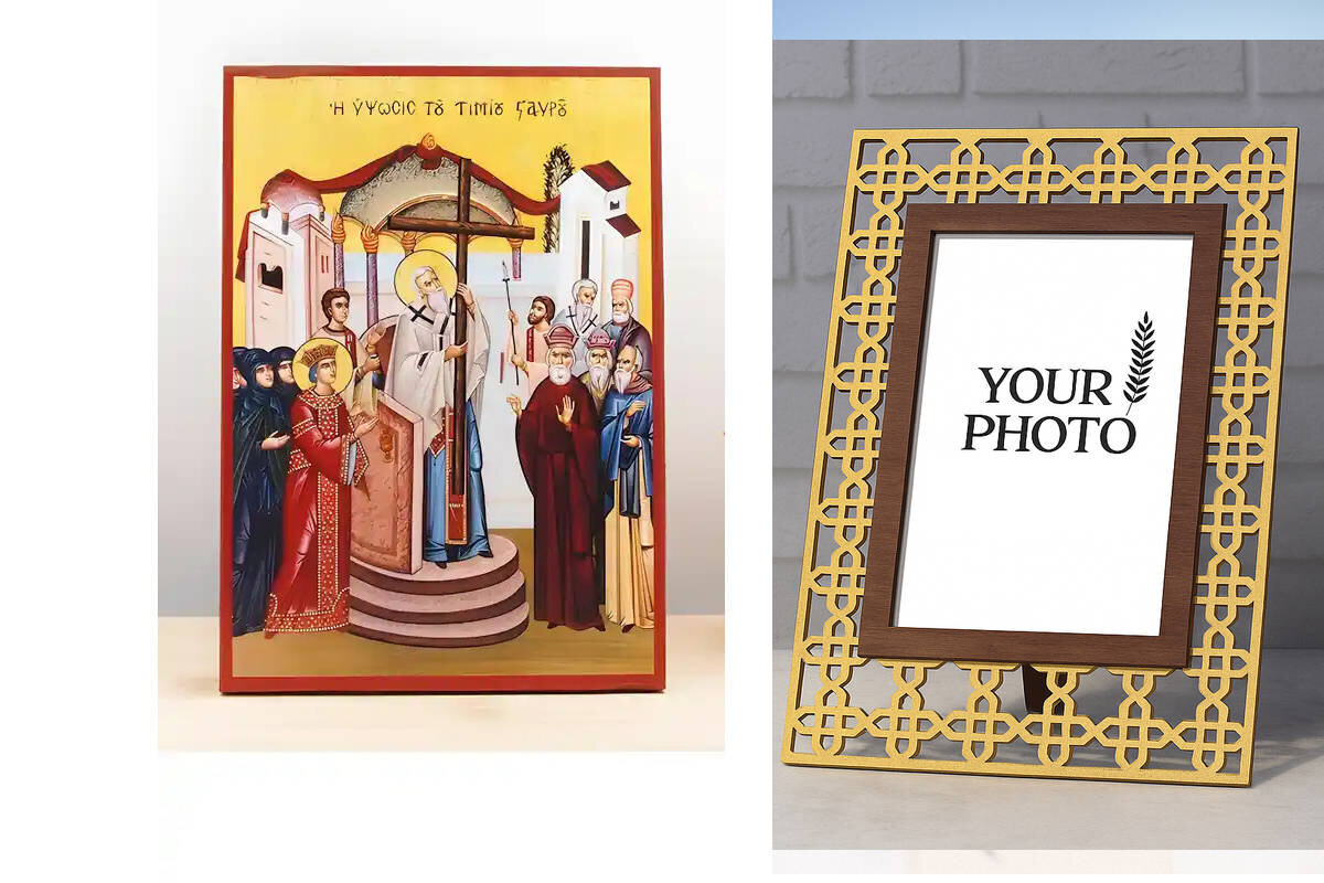 Εικόνα Ορθοδοξίας Πολυτελείας  με  σχεδιο Σταυρούς μαζι με  Βάση σε  8 χρώματα με περίγραμμα χρυσό σε ξύλο Plywood (Πλακάζ)   με  βάση Ύψωση Τιμίου Σταυρού, Ξύλινη Χειροποίητη Εικόνα Ελληνικής Premium Βυζαντινού Στυλ Κρεμαστή σε ξύλινη πλάκα Θρησκευτικό θέμα Χειροποίητη Ελληνορθόδοξη εικόνα του Ιησού Χριστού, Κρεμαστή πλάκα βυζαντινής τέχνης, χριστιανική τέχνη Διάσταση 10x7 cm (3,9 x 2,8 ίντσες)  INTRAEK3kadro3211-11111