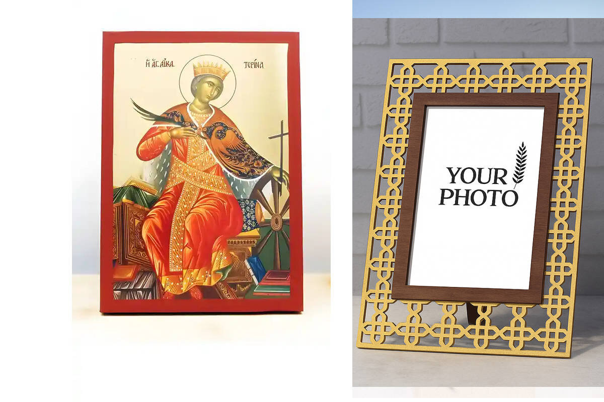 Εικόνα Ορθοδοξίας Πολυτελείας  με  σχεδιο Σταυρούς μαζι με  Βάση σε  8 χρώματα με περίγραμμα χρυσό σε ξύλο Plywood (Πλακάζ)   με  βάση Αγία Αικατερίνη της Αλεξάνδρειας, Ξύλινη Χειροποίητη Εικόνα με Χρυσό Φύλλο Ελληνικό Premium Βυζαντινού Στυλ Κρεμαστό στον τοίχο Θρησκευτικό Θέμα Χειροποίητη Ελληνορθόδοξη εικόνα του Ιησού Χριστού, Κρεμαστή πλάκα βυζαντινής τέχνης, χριστιανική τέχνη Διάσταση 10x7 cm (3,9 x 2,8 ίντσες)  INTRAEK3kadro3211-11110