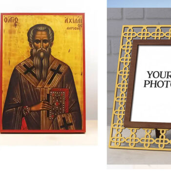 Εικόνα Ορθοδοξίας Πολυτελείας  με  σχεδιο Σταυρούς μαζι με  Βάση σε  8 χρώματα με περίγραμμα χρυσό σε ξύλο Plywood (Πλακάζ)   με  βάση Άγιος Αχιλλέας "Αχίλλειος" Λάρισας, Ξύλινη Χειροποίητη Εικόνα Ελληνικού Βυζαντινού Στυλ Κρεμαστή σε ξύλινη πλάκα Θρησκευτικό Θέμα Χειροποίητη Ελληνορθόδοξη εικόνα του Ιησού Χριστού, Κρεμαστή πλάκα βυζαντινής τέχνης, χριστιανική τέχνη Διάσταση 15x11 cm (5,9 x 4,3 ίντσες)  INTRAEK3kadro3211-611104 - Image 1