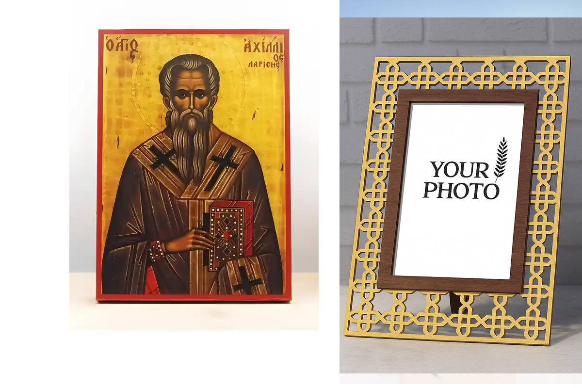 Εικόνα Ορθοδοξίας Πολυτελείας  με  σχεδιο Σταυρούς μαζι με  Βάση σε  8 χρώματα με περίγραμμα χρυσό σε ξύλο Plywood (Πλακάζ)   με  βάση Άγιος Αχιλλέας "Αχίλλειος" Λάρισας, Ξύλινη Χειροποίητη Εικόνα Ελληνικού Βυζαντινού Στυλ Κρεμαστή σε ξύλινη πλάκα Θρησκευτικό Θέμα Χειροποίητη Ελληνορθόδοξη εικόνα του Ιησού Χριστού, Κρεμαστή πλάκα βυζαντινής τέχνης, χριστιανική τέχνη Διάσταση 10x7 cm (3,9 x 2,8 ίντσες)  INTRAEK3kadro3211-11104