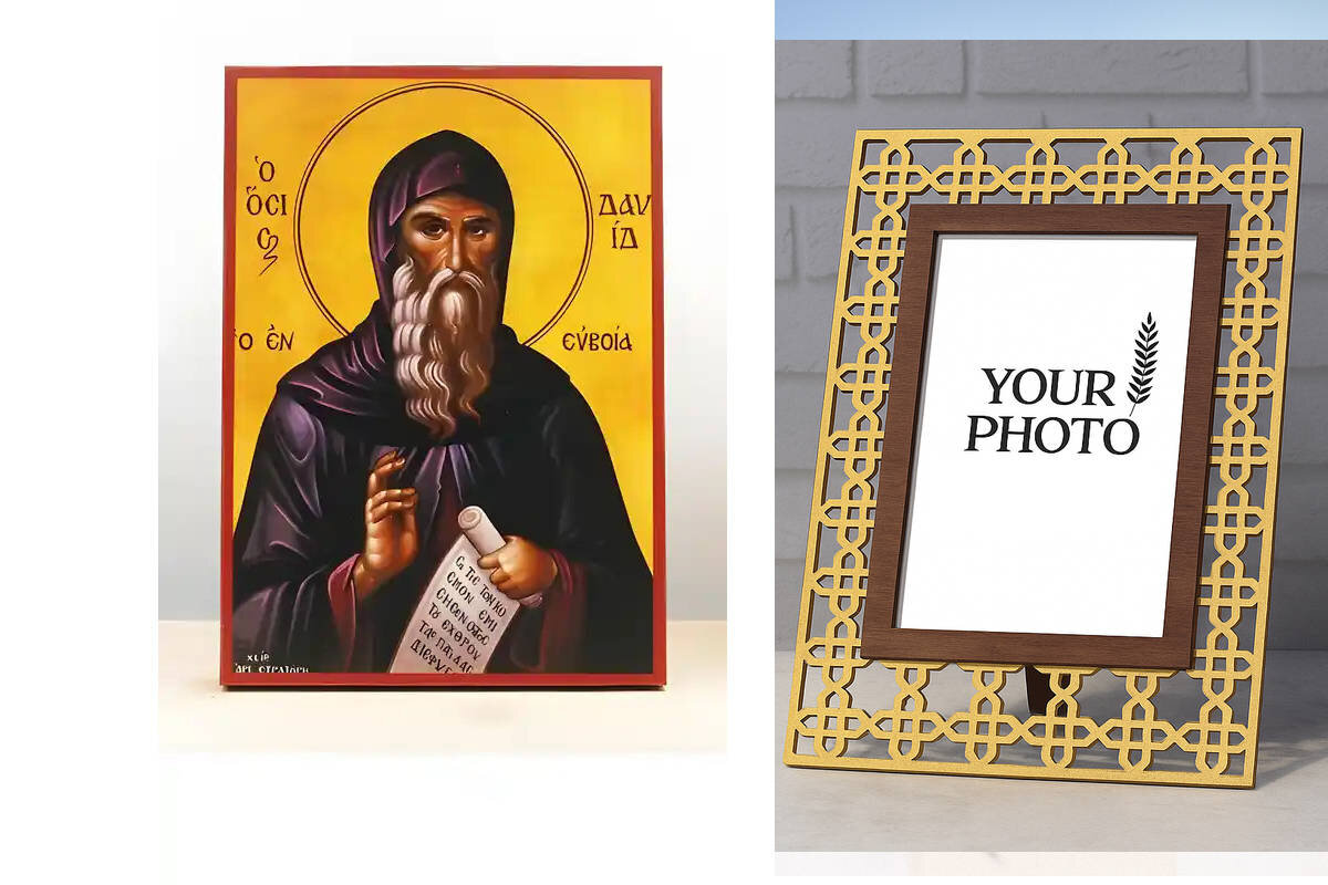 Εικόνα Ορθοδοξίας Πολυτελείας  με  σχεδιο Σταυρούς μαζι με  Βάση σε  8 χρώματα με περίγραμμα χρυσό σε ξύλο Plywood (Πλακάζ)   με  βάση Άγιος Δαυίδ της Ευβοίας, Ξύλινη Χειροποίητη Εικόνα Ελληνικού Premium Βυζαντινού Στυλ Κρεμαστή σε ξύλινη πλάκα Θρησκευτικό θέμα Χειροποίητη Ελληνορθόδοξη εικόνα του Ιησού Χριστού, Κρεμαστή πλάκα βυζαντινής τέχνης, χριστιανική τέχνη Διάσταση 10x7 cm (3,9 x 2,8 ίντσες)  INTRAEK3kadro3211-11103