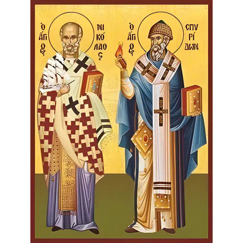 Εικόνα Ορθοδοξίας με περίγραμμα χρυσό σε ξύλο Φλαμουρίας  με  βάση Εικόνα ΑΓΙΟΙ ΝΙΚΟΛΑΟΣ, ΑΡΧΙΕΠΙΣΚΟΠΟΣ ΜΥΡΩΝ ΛΥΚΙΑΣ ΚΑΙ ΣΠΥΡΙΔΩΝ ΕΠΙΣΚΟΠΟΣ ΤΡΙΜΥΘΟΎΝΤΟΣ ΚΥΠΡΟΥ, ΟΛΟΣΩΜΟΙ Χειροποίητη Ελληνορθόδοξη εικόνα του Ιησού Χριστού, Κρεμαστή πλάκα βυζαντινής τέχνης, χριστιανική τέχνη Διάσταση 40x30 cm (10,2x7,9 ίντσες)  INTRAEK-1447757865149