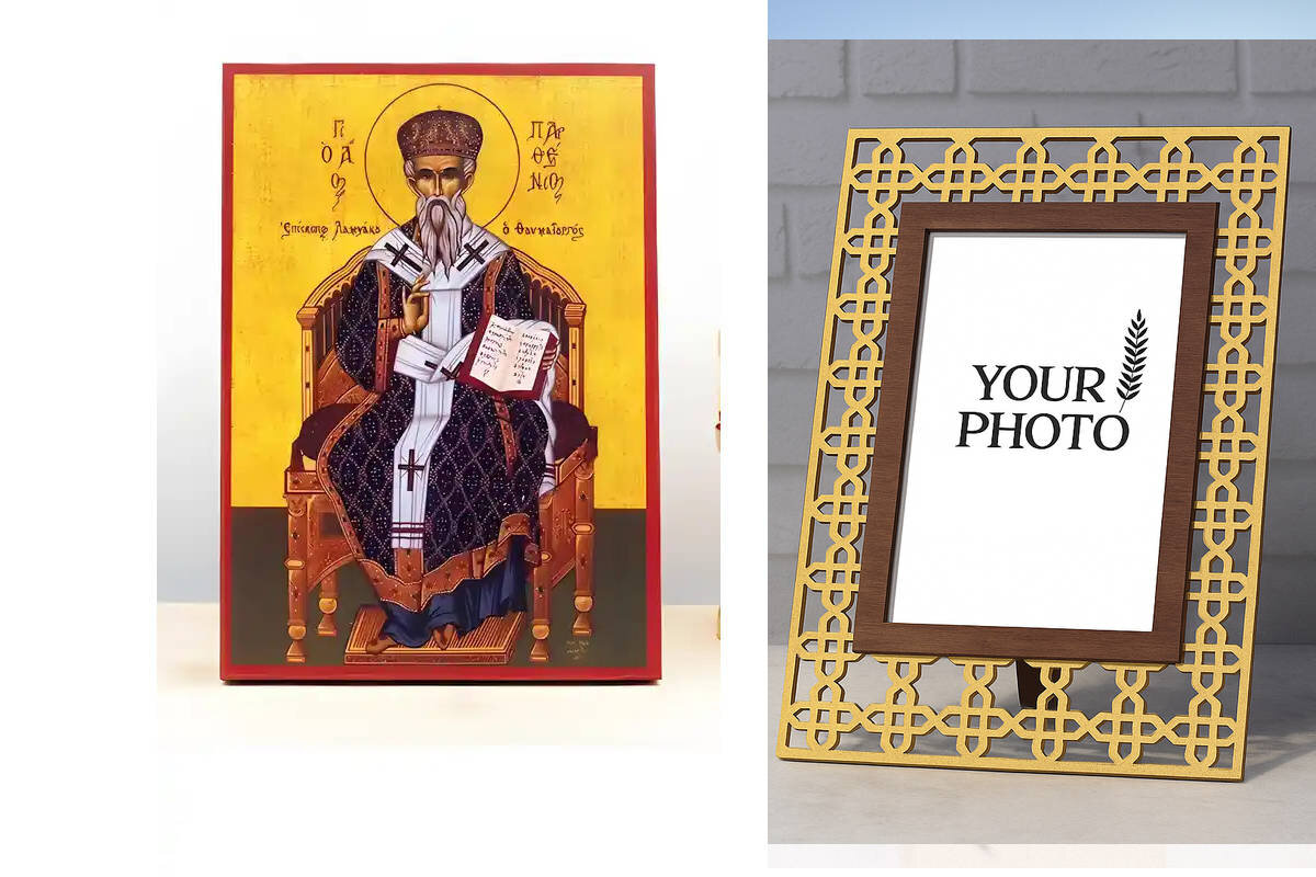 Εικόνα Ορθοδοξίας Πολυτελείας  με  σχεδιο Σταυρούς μαζι με  Βάση σε  8 χρώματα με περίγραμμα χρυσό σε ξύλο Plywood (Πλακάζ)   με  βάση Άγιος Παρθένιος Επίσκοπος Λαμψάκου, Ξύλινη Χειροποίητη Εικόνα Ελληνικού Βυζαντινού Στυλ Κρεμαστή σε ξύλινη πλάκα Θρησκευτικό Θέμα Χειροποίητη Ελληνορθόδοξη εικόνα του Ιησού Χριστού, Κρεμαστή πλάκα βυζαντινής τέχνης, χριστιανική τέχνη Διάσταση 10x7 cm (3,9 x 2,8 ίντσες)  INTRAEK3kadro3211-11102