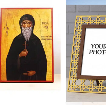 Εικόνα Ορθοδοξίας Πολυτελείας  με  σχεδιο Σταυρούς μαζι με  Βάση σε  8 χρώματα με περίγραμμα χρυσό σε ξύλο Plywood (Πλακάζ)   με  βάση Άγιος Πατάπιος Θηβών, Ξύλινη Χειροποίητη Εικόνα Ελληνικού Premium Βυζαντινού Στυλ Κρεμαστή σε ξύλινη πλάκα Θρησκευτικό θέμα Χειροποίητη Ελληνορθόδοξη εικόνα του Ιησού Χριστού, Κρεμαστή πλάκα βυζαντινής τέχνης, χριστιανική τέχνη Διάσταση 10x7 cm (3,9 x 2,8 ίντσες)  INTRAEK3kadro3211-11101 - Image 1