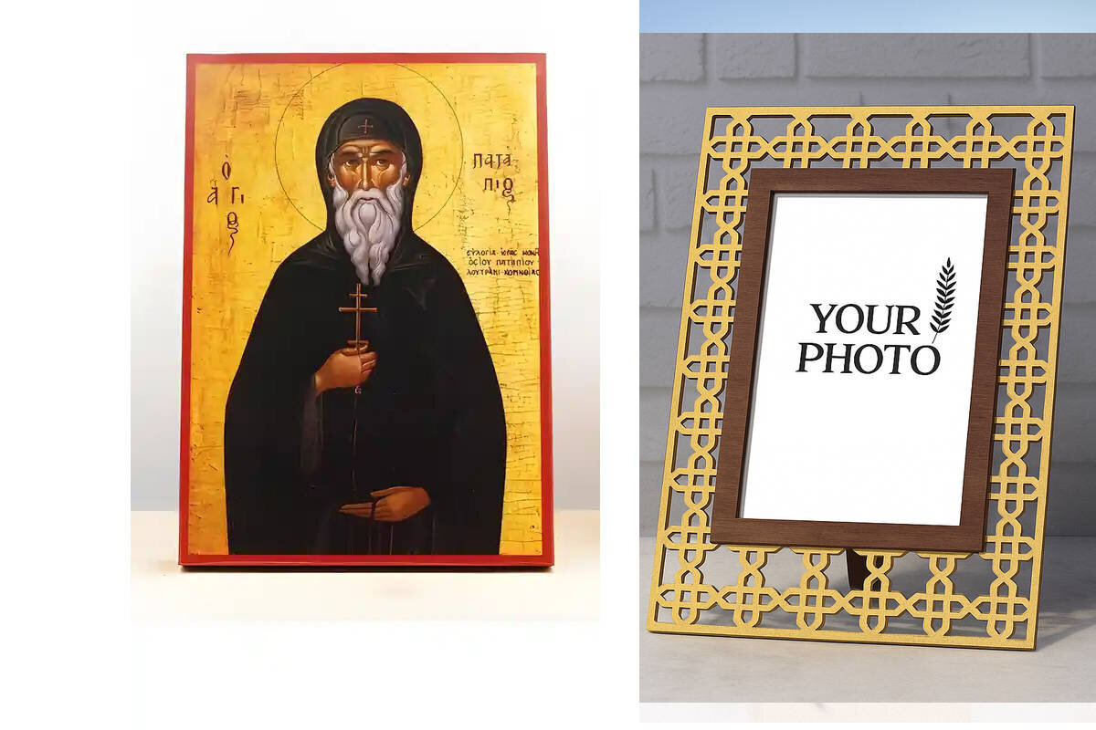 Εικόνα Ορθοδοξίας Πολυτελείας  με  σχεδιο Σταυρούς μαζι με  Βάση σε  8 χρώματα με περίγραμμα χρυσό σε ξύλο Plywood (Πλακάζ)   με  βάση Άγιος Πατάπιος Θηβών, Ξύλινη Χειροποίητη Εικόνα Ελληνικού Premium Βυζαντινού Στυλ Κρεμαστή σε ξύλινη πλάκα Θρησκευτικό θέμα Χειροποίητη Ελληνορθόδοξη εικόνα του Ιησού Χριστού, Κρεμαστή πλάκα βυζαντινής τέχνης, χριστιανική τέχνη Διάσταση 10x7 cm (3,9 x 2,8 ίντσες)  INTRAEK3kadro3211-11101