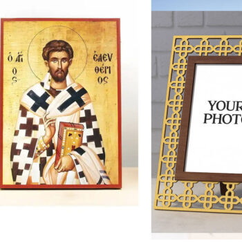 Εικόνα Ορθοδοξίας Πολυτελείας  με  σχεδιο Σταυρούς μαζι με  Βάση σε  8 χρώματα με περίγραμμα χρυσό σε ξύλο Plywood (Πλακάζ)   με  βάση Άγιος Ελευθέριος, Ξύλινη Χειροποίητη Εικόνα Ελληνικού Premium Βυζαντινού Στυλ Κρεμαστή σε ξύλινη πλάκα Θρησκευτικό θέμα Χειροποίητη Ελληνορθόδοξη εικόνα του Ιησού Χριστού, Κρεμαστή πλάκα βυζαντινής τέχνης, χριστιανική τέχνη Διάσταση 15x11 cm (5,9 x 4,3 ίντσες)  INTRAEK3kadro3211-611100 - Image 1