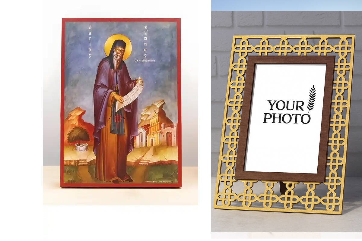 Εικόνα Ορθοδοξίας Πολυτελείας  με  σχεδιο Σταυρούς μαζι με  Βάση σε  8 χρώματα με περίγραμμα χρυσό σε ξύλο Plywood (Πλακάζ)   με  βάση Άγιος Γεράσιμος Κεφαλονίτης Ολόσωμος, Ξύλινη Χειροποίητη Εικόνα Ελληνικού Premium Βυζαντινού Στυλ Κρεμαστή σε ξύλινη πλάκα Θρησκευτικό θέμα Χειροποίητη Ελληνορθόδοξη εικόνα του Ιησού Χριστού, Κρεμαστή πλάκα βυζαντινής τέχνης, χριστιανική τέχνη Διάσταση 10x7 cm (3,9 x 2,8 ίντσες)  INTRAEK3kadro3211-11099