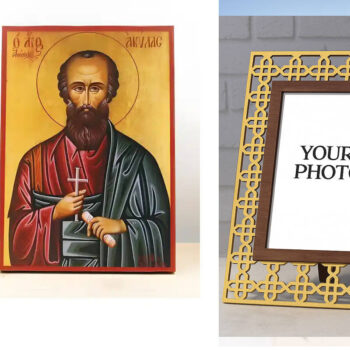 Εικόνα Ορθοδοξίας Πολυτελείας  με  σχεδιο Σταυρούς μαζι με  Βάση σε  8 χρώματα με περίγραμμα χρυσό σε ξύλο Plywood (Πλακάζ)   με  βάση Άγιος Απόστολος Ακίλας, Ξύλινη Χειροποίητη Εικόνα Ελληνικού Premium Βυζαντινού Στυλ Κρεμαστή σε ξύλινη πλάκα Θρησκευτικό θέμα Χειροποίητη Ελληνορθόδοξη εικόνα του Ιησού Χριστού, Κρεμαστή πλάκα βυζαντινής τέχνης, χριστιανική τέχνη Διάσταση 15x11 cm (5,9 x 4,3 ίντσες)  INTRAEK3kadro3211-611097 - Image 1