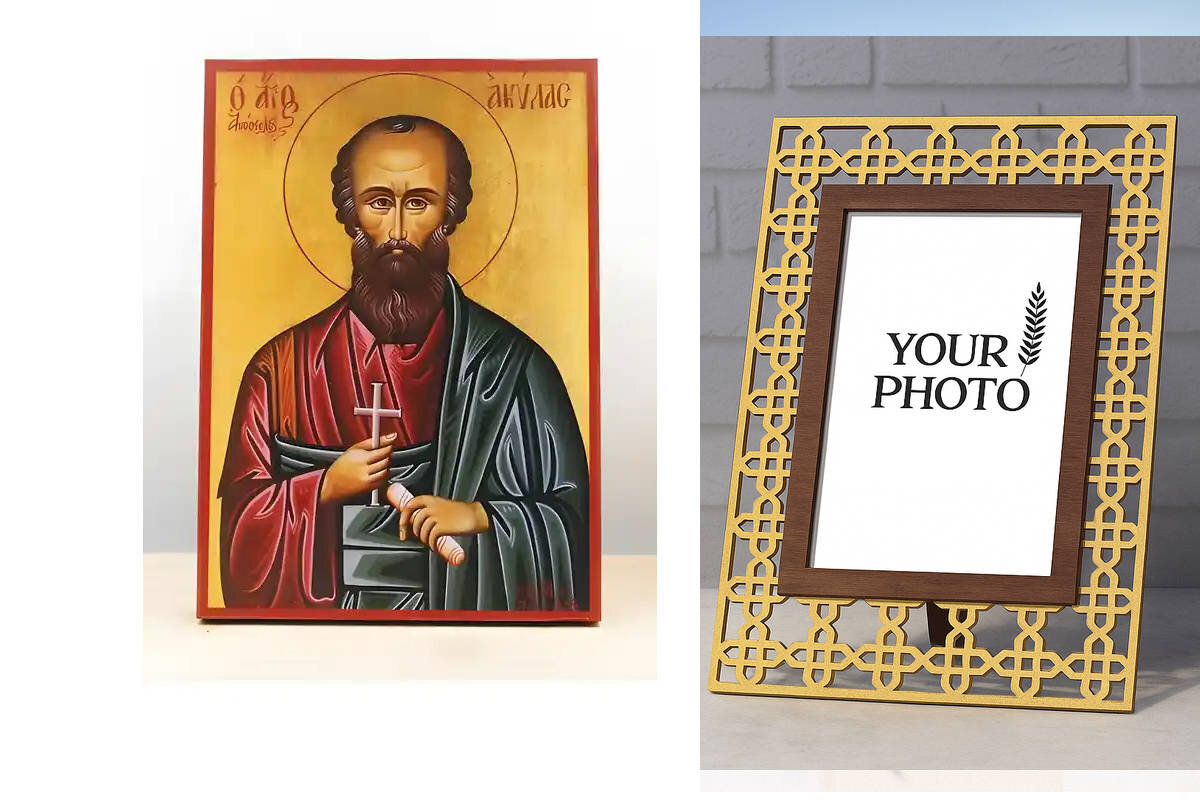 Εικόνα Ορθοδοξίας Πολυτελείας  με  σχεδιο Σταυρούς μαζι με  Βάση σε  8 χρώματα με περίγραμμα χρυσό σε ξύλο Plywood (Πλακάζ)   με  βάση Άγιος Απόστολος Ακίλας, Ξύλινη Χειροποίητη Εικόνα Ελληνικού Premium Βυζαντινού Στυλ Κρεμαστή σε ξύλινη πλάκα Θρησκευτικό θέμα Χειροποίητη Ελληνορθόδοξη εικόνα του Ιησού Χριστού, Κρεμαστή πλάκα βυζαντινής τέχνης, χριστιανική τέχνη Διάσταση 10x7 cm (3,9 x 2,8 ίντσες)  INTRAEK3kadro3211-11097