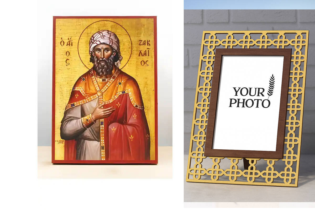 Εικόνα Ορθοδοξίας Πολυτελείας  με  σχεδιο Σταυρούς μαζι με  Βάση σε  8 χρώματα με περίγραμμα χρυσό σε ξύλο Plywood (Πλακάζ)   με  βάση Άγιος Ζακχαίος Ιεροσολύμων, Ξύλινη Χειροποίητη Εικόνα Ελληνικής Κορυφαίας Βυζαντινής Στυλ Κρεμασμένη σε ξύλινη πλάκα Χειροποίητη Ελληνορθόδοξη εικόνα του Ιησού Χριστού, Κρεμαστή πλάκα βυζαντινής τέχνης, χριστιανική τέχνη Διάσταση 10x7 cm (3,9 x 2,8 ίντσες)  INTRAEK3kadro3211-11096