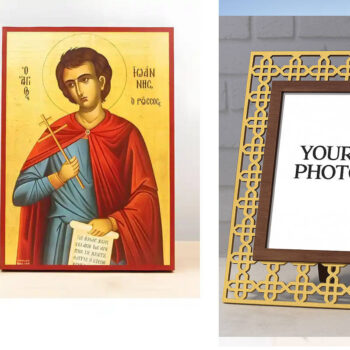 Εικόνα Ορθοδοξίας Πολυτελείας  με  σχεδιο Σταυρούς μαζι με  Βάση σε  8 χρώματα με περίγραμμα χρυσό σε ξύλο Plywood (Πλακάζ)   με  βάση Άγιος Ιωάννης ο Ρώσος, Ξύλινη Χειροποίητη Εικόνα Ελληνικής Premium Βυζαντινού Στυλ Κρεμασμένη σε ξύλινη πλάκα Χειροποίητη Ελληνορθόδοξη εικόνα του Ιησού Χριστού, Κρεμαστή πλάκα βυζαντινής τέχνης, χριστιανική τέχνη Διάσταση 15x11 cm (5,9 x 4,3 ίντσες)  INTRAEK3kadro3211-611095 - Image 1