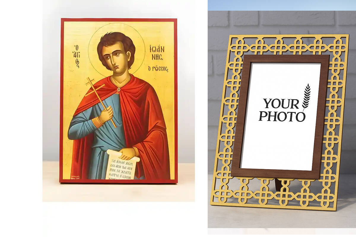 Εικόνα Ορθοδοξίας Πολυτελείας  με  σχεδιο Σταυρούς μαζι με  Βάση σε  8 χρώματα με περίγραμμα χρυσό σε ξύλο Plywood (Πλακάζ)   με  βάση Άγιος Ιωάννης ο Ρώσος, Ξύλινη Χειροποίητη Εικόνα Ελληνικής Premium Βυζαντινού Στυλ Κρεμασμένη σε ξύλινη πλάκα Χειροποίητη Ελληνορθόδοξη εικόνα του Ιησού Χριστού, Κρεμαστή πλάκα βυζαντινής τέχνης, χριστιανική τέχνη Διάσταση 10x7 cm (3,9 x 2,8 ίντσες)  INTRAEK3kadro3211-11095