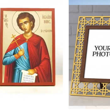 Εικόνα Ορθοδοξίας Πολυτελείας  με  σχεδιο Σταυρούς μαζι με  Βάση σε  8 χρώματα με περίγραμμα χρυσό σε ξύλο Plywood (Πλακάζ)   με  βάση Άγιος Ιωάννης ο Ρώσος, Ξύλινη Χειροποίητη Εικόνα με Ψηφιακή Εκτύπωση Ελληνικό Premium Βυζαντινού Στυλ Κρεμαστό Ορθόδοξο Θρησκευτικό Θέμα Χειροποίητη Ελληνορθόδοξη εικόνα του Ιησού Χριστού, Κρεμαστή πλάκα βυζαντινής τέχνης, χριστιανική τέχνη Διάσταση 15x11 cm (5,9 x 4,3 ίντσες)  INTRAEK3kadro3211-611094 - Image 1