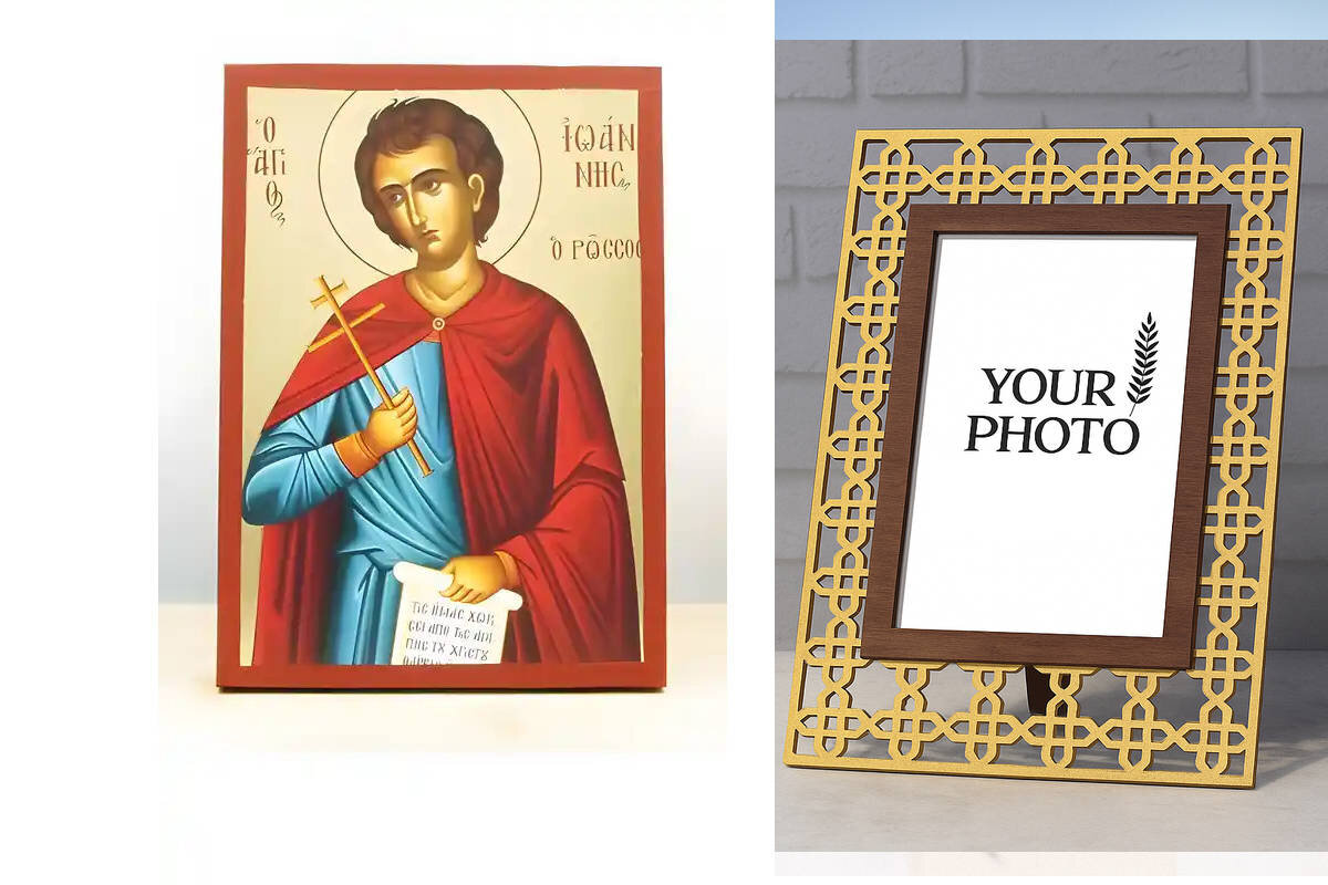 Εικόνα Ορθοδοξίας Πολυτελείας  με  σχεδιο Σταυρούς μαζι με  Βάση σε  8 χρώματα με περίγραμμα χρυσό σε ξύλο Plywood (Πλακάζ)   με  βάση Άγιος Ιωάννης ο Ρώσος, Ξύλινη Χειροποίητη Εικόνα με Ψηφιακή Εκτύπωση Ελληνικό Premium Βυζαντινού Στυλ Κρεμαστό Ορθόδοξο Θρησκευτικό Θέμα Χειροποίητη Ελληνορθόδοξη εικόνα του Ιησού Χριστού, Κρεμαστή πλάκα βυζαντινής τέχνης, χριστιανική τέχνη Διάσταση 10x7 cm (3,9 x 2,8 ίντσες)  INTRAEK3kadro3211-11094