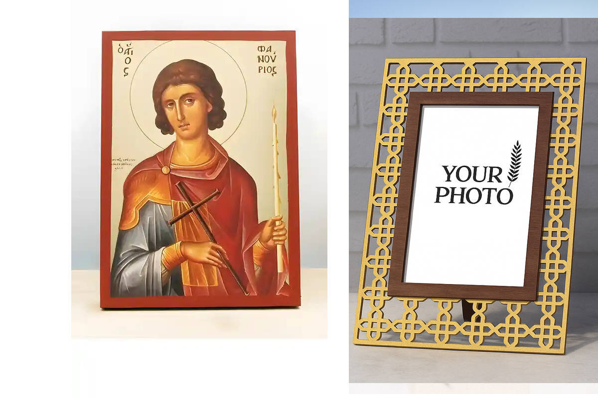 Εικόνα Ορθοδοξίας Πολυτελείας  με  σχεδιο Σταυρούς μαζι με  Βάση σε  8 χρώματα με περίγραμμα χρυσό σε ξύλο Plywood (Πλακάζ)   με  βάση Άγιος Φανούριος ο Νεοφανής, Ξύλινη Χειροποίητη Εικόνα με χρυσό φύλλο θρησκευτικό θέμα Ελληνικό Premium Βυζαντινού Στυλ σε τοίχο Χειροποίητη Ελληνορθόδοξη εικόνα του Ιησού Χριστού, Κρεμαστή πλάκα βυζαντινής τέχνης, χριστιανική τέχνη Διάσταση 10x7 cm (3,9 x 2,8 ίντσες)  INTRAEK3kadro3211-11093