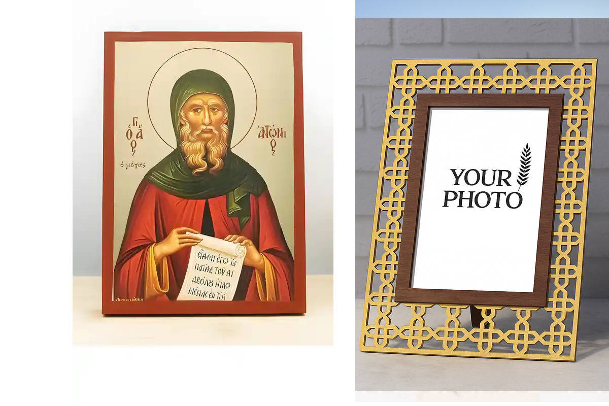 Εικόνα Ορθοδοξίας Πολυτελείας  με  σχεδιο Σταυρούς μαζι με  Βάση σε  8 χρώματα με περίγραμμα χρυσό σε ξύλο Plywood (Πλακάζ)   με  βάση Άγιος Αντώνιος ο Μέγας, Ξύλινη χειροποίητη εικόνα με χρυσό φύλλο θρησκευτικό θέμα Ελληνικό Premium Βυζαντινού ρυθμού Χειροποίητη Ελληνορθόδοξη εικόνα του Ιησού Χριστού, Κρεμαστή πλάκα βυζαντινής τέχνης, χριστιανική τέχνη Διάσταση 10x7 cm (3,9 x 2,8 ίντσες)  INTRAEK3kadro3211-11092