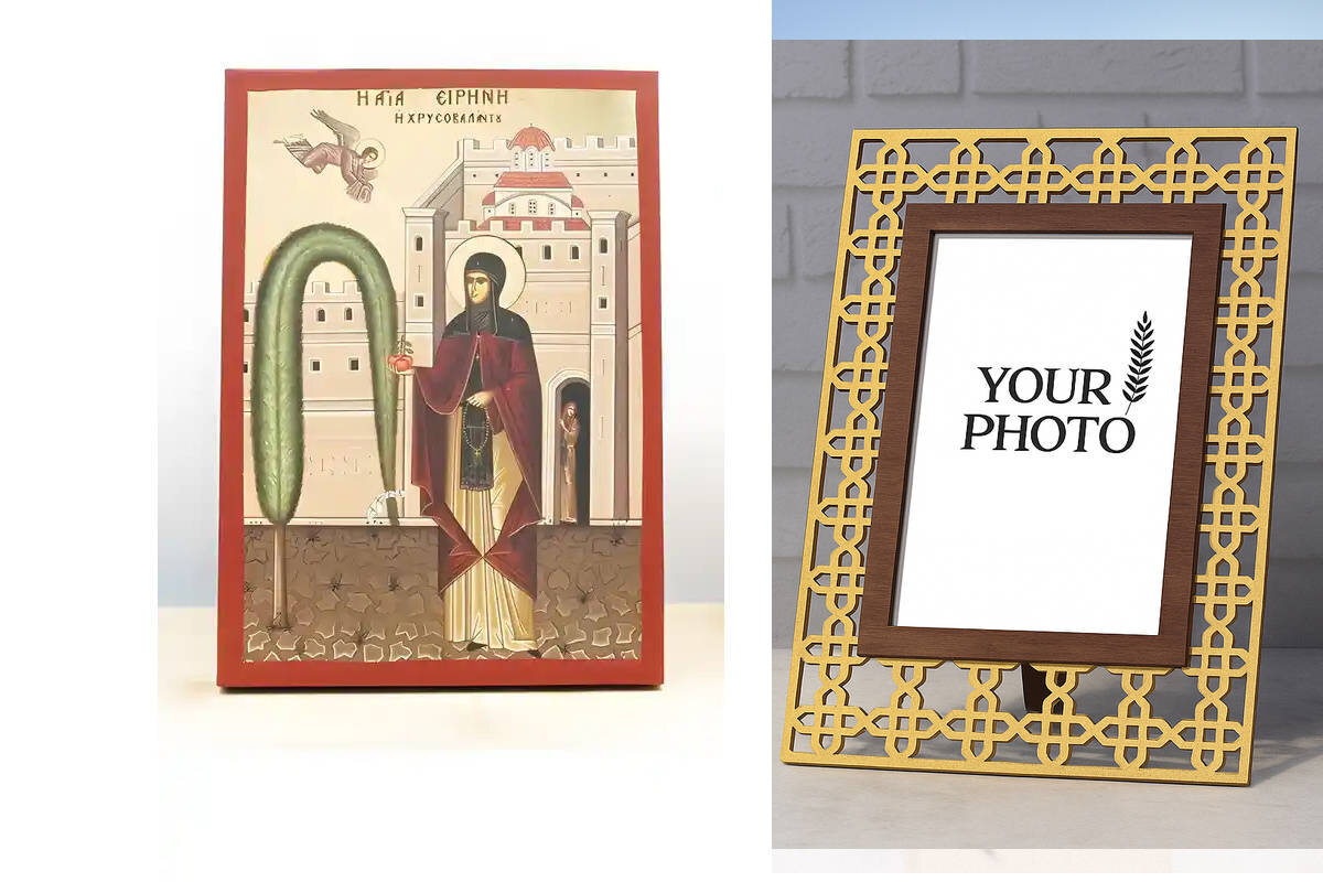 Εικόνα Ορθοδοξίας Πολυτελείας  με  σχεδιο Σταυρούς μαζι με  Βάση σε  8 χρώματα με περίγραμμα χρυσό σε ξύλο Plywood (Πλακάζ)   με  βάση Αγία Ειρήνη Χρυσοβαλάντου, Ξύλινη Χειροποίητη Εικόνα με Ψηφιακή Εκτύπωση Ελληνικό Premium Βυζαντινού Στυλ Κρεμαστό τοίχου Θρησκευτικό Θέμα Χειροποίητη Ελληνορθόδοξη εικόνα του Ιησού Χριστού, Κρεμαστή πλάκα βυζαντινής τέχνης, χριστιανική τέχνη Διάσταση 10x7 cm (3,9 x 2,8 ίντσες)  INTRAEK3kadro3211-11091